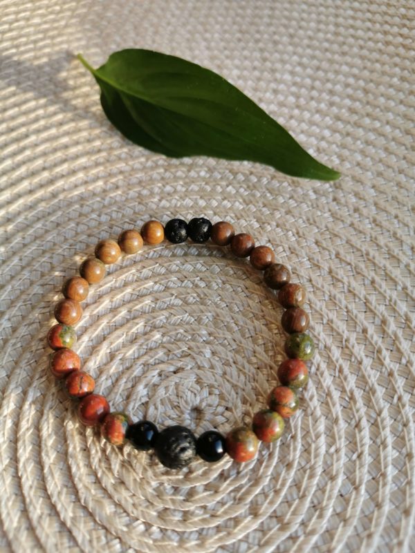 Inner Peace bracelet is made with Unakit, Lava and Red Rainbow Jasper - jewelry for essential oils