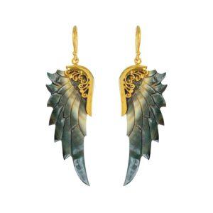 Gold angel earrings with dark abelonescale