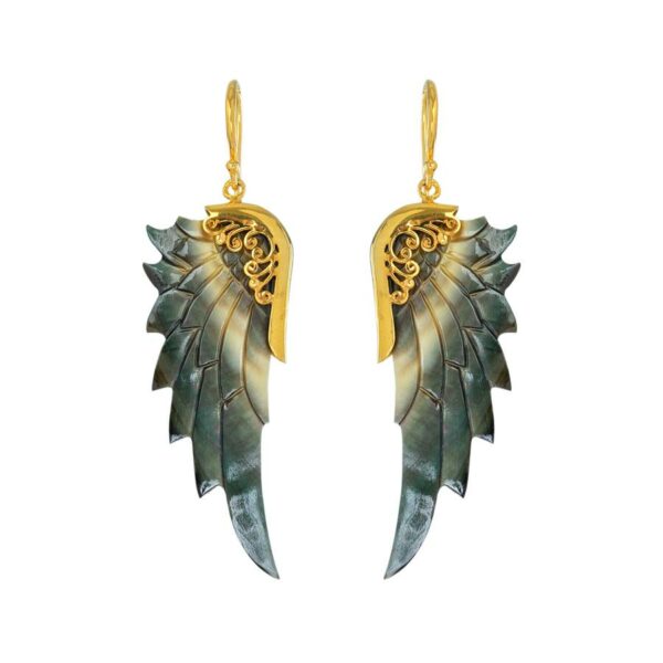 Gold angel earrings with dark abelonescale