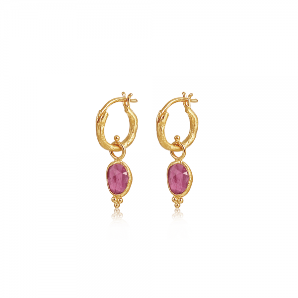 Gold hoop earrings with pink tourmaline