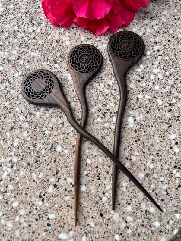 OHM Hair stick, hand carved in wood in Bali.