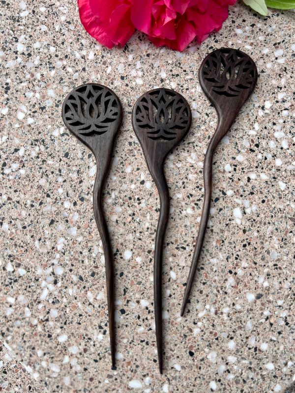 Wooden hair stick with lotus flower