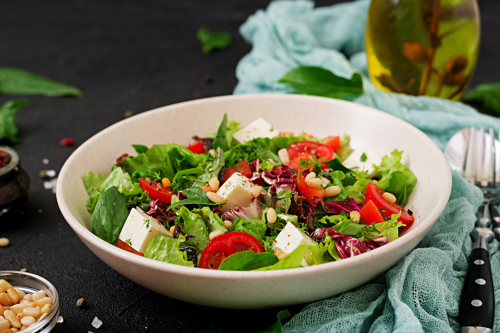 cafe lime blue dietary-salad-with-tomatoes-feta-lettuce-spinach-pine-nuts