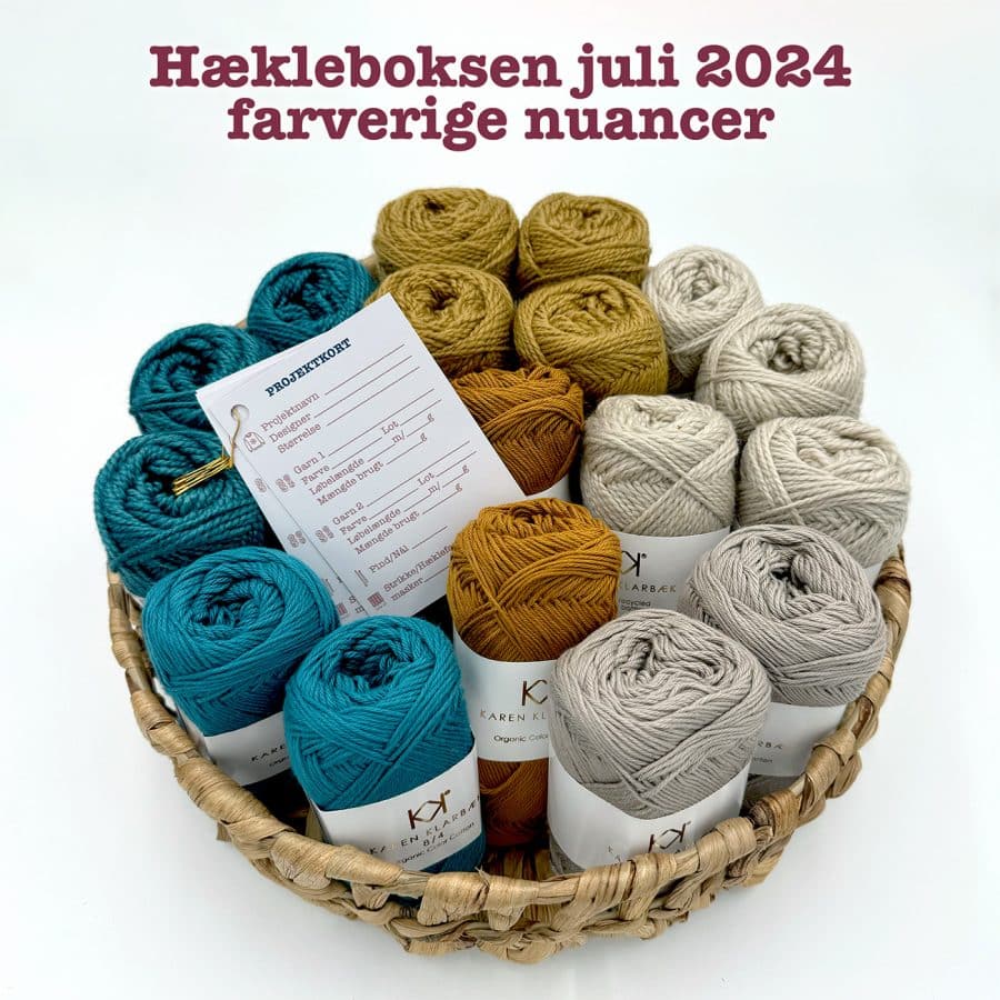 Hækleboksen juli 2024 farverige nuancer Karen Klarbæk organic color cotton 8/4 og Recykled Bottle Yarn