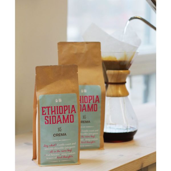 Förpackning av Crema Ethiopia Sidamo-kaffebönor från Caffemundi, aromatiskt kaffe med ursprung från Etiopien.