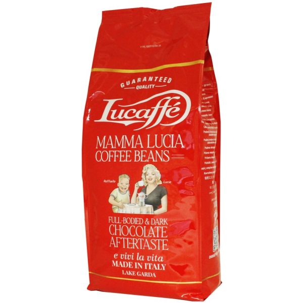 Förpackning av Lucaffe Mamma Lucia 1 kg kaffebönor från Caffemundi, italienskt kaffe med fyllig och balanserad smak.