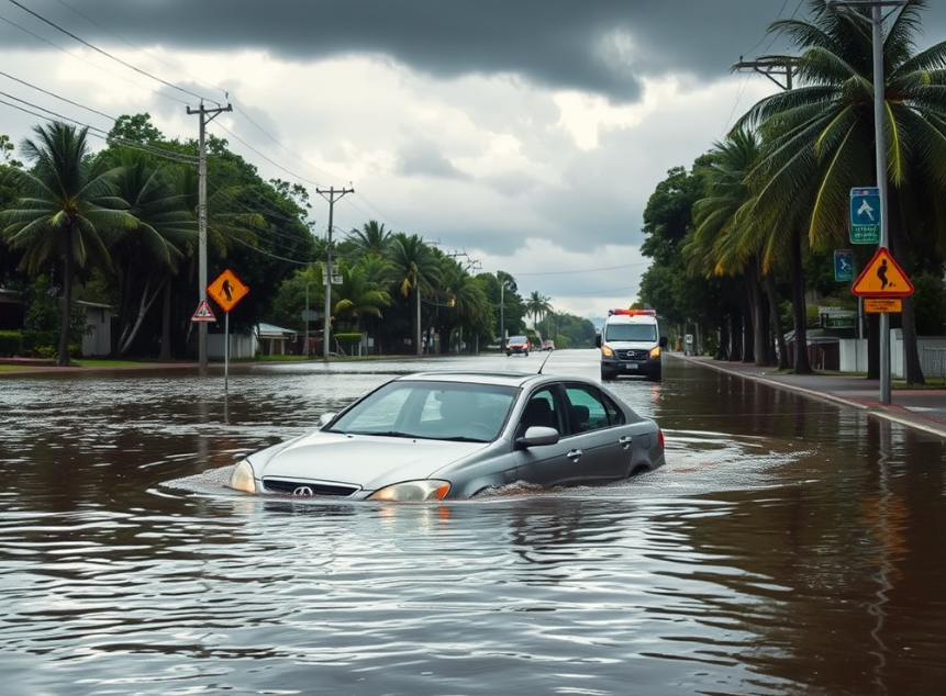 Flooded street in Cairns with a stranded vehicle during heavy rainfall.