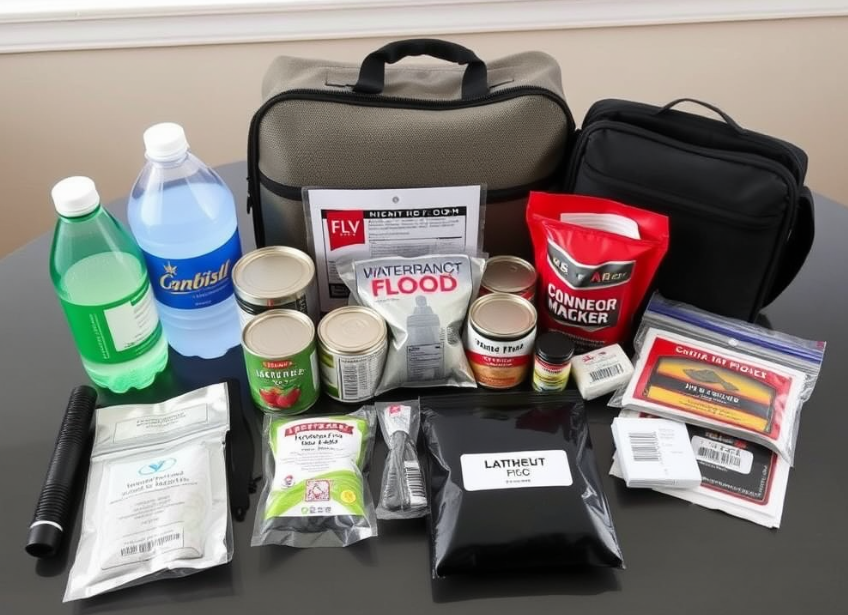 Prepared emergency kit with essentials for flood situations.