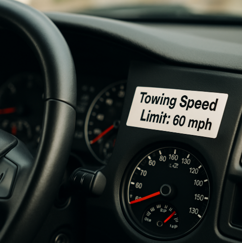 Dashboard with a towing speed limit sticker and speedometer reading under 60 mph.