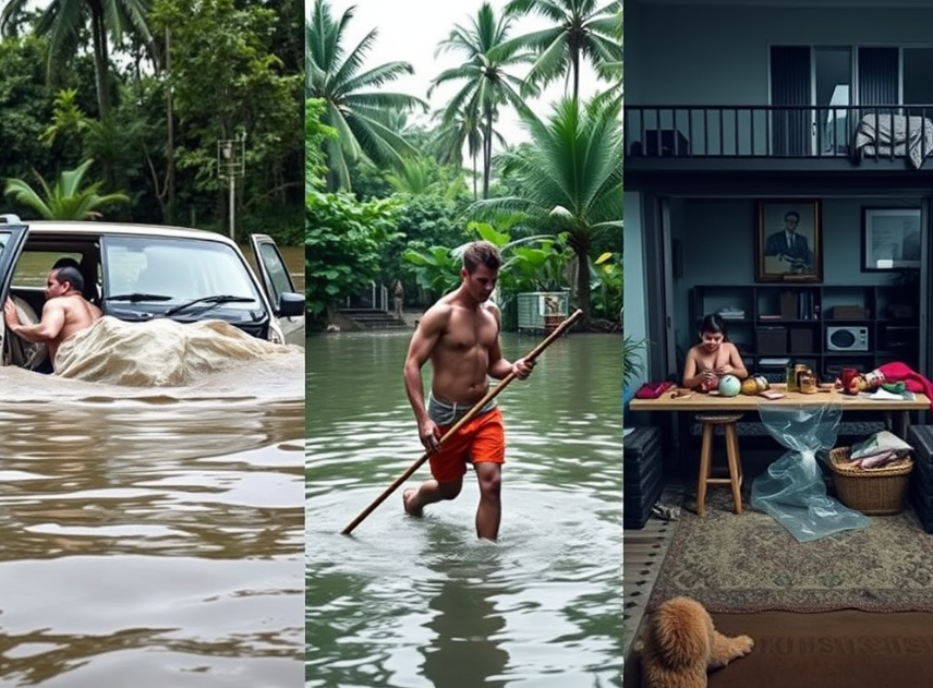 Different flood safety scenarios including vehicle, on-foot, and at-home situations in Cairns.