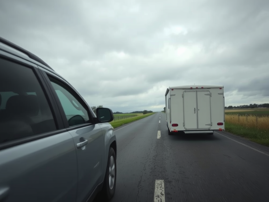Trailer swaying behind a vehicle in windy weather on a rural road.