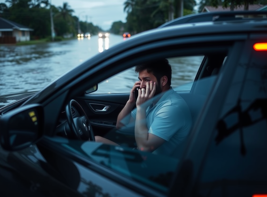 Driver calling for help while stuck in a flooded car.