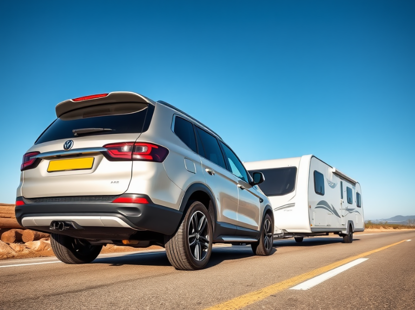 SUV towing a caravan on the highway with a focus on rear tyres, representing tyre pressure importance for safe towing.