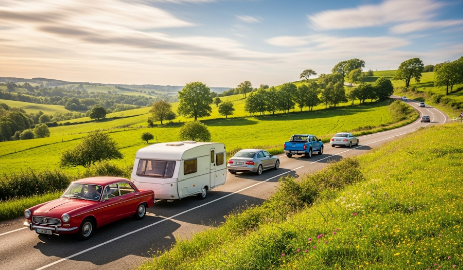 Car towing a caravan on a countryside road with cars behind, showing a calm driving environment.