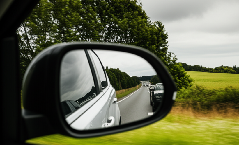Driver’s mirror reflecting cars queued behind a caravan on a narrow road.