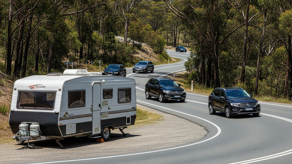 Caravan pulling over at a turnout to let other vehicles pass on a rural highway.