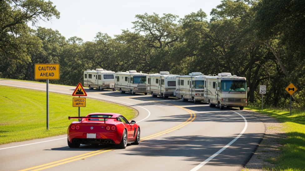 Vehicle trying to overtake a caravan dangerously on a curve, with warning road signs.