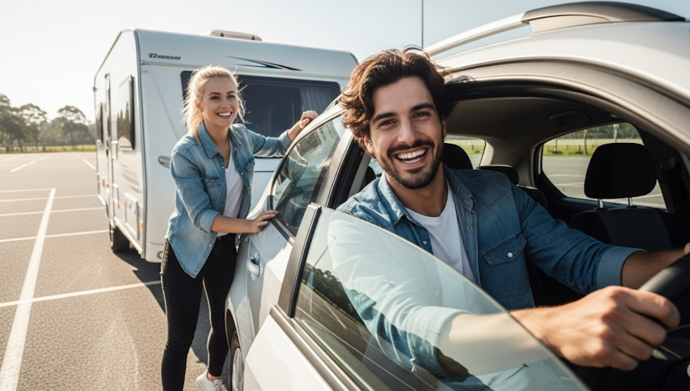 New caravan drivers practicing safe towing and turning in an open space.