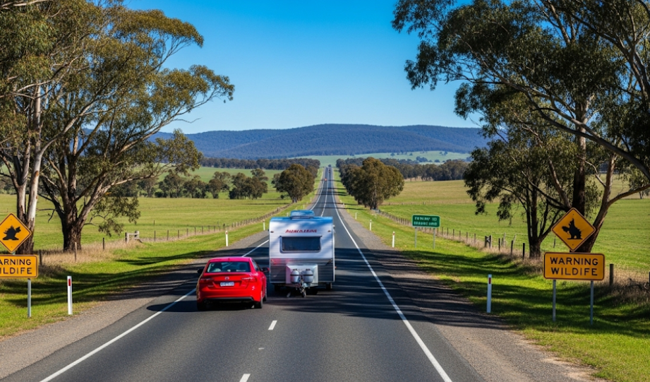 Car towing a caravan along a scenic Victorian highway with road signs and trees in the background.