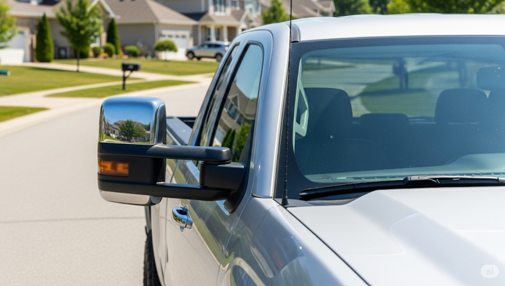 Pickup truck with extended towing mirrors driving without a trailer on a city street.