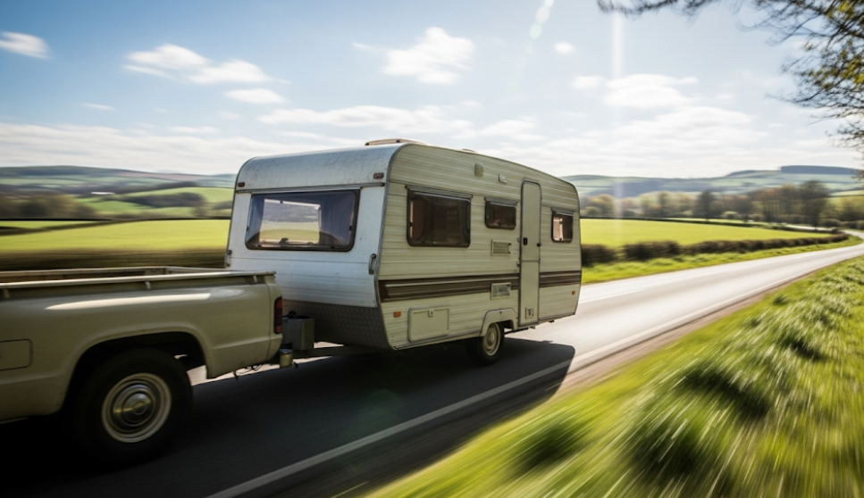 Caravan swaying on a rural road, highlighting towing stability concerns during windy conditions.