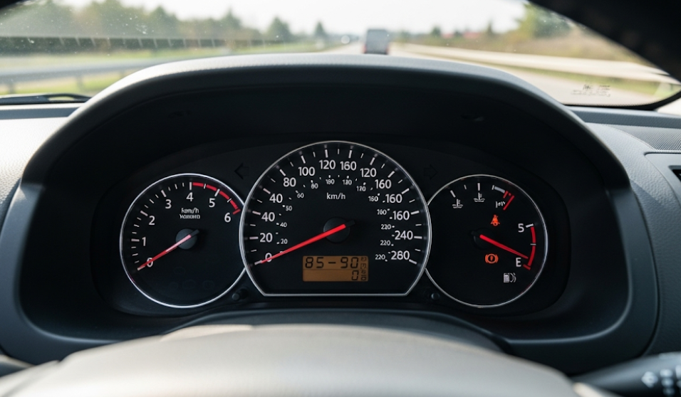 Speedometer showing a safe towing speed of 90 km/h on a highway in Victoria.