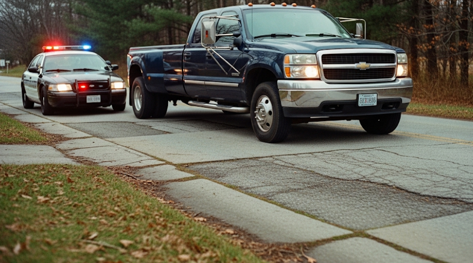Police vehicle pulled behind a pickup with towing mirrors extended but no trailer.