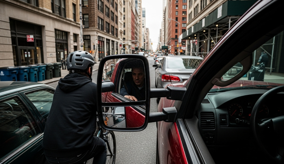 Pickup with wide towing mirrors navigating tight city street near parked cars or cyclists.