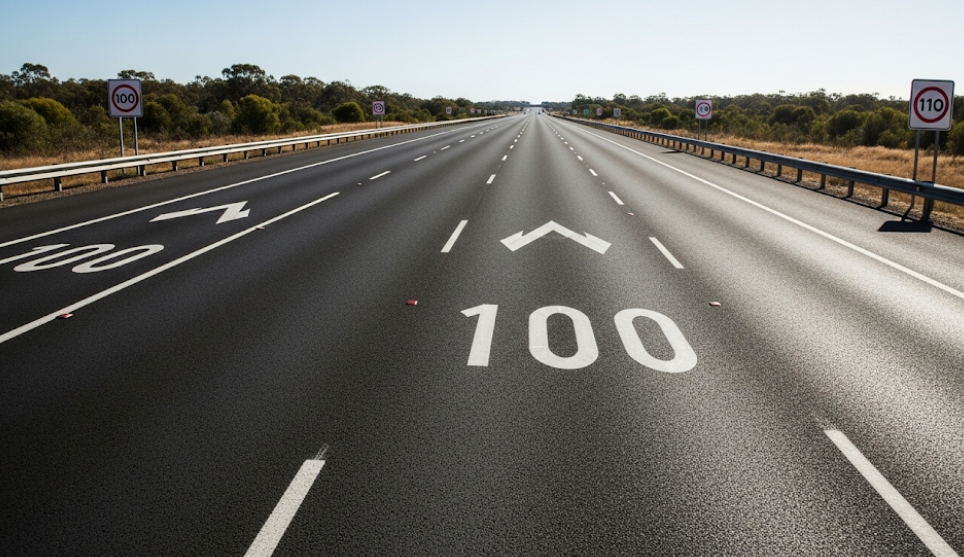 Speed limit sign of 100 km/h on an Australian freeway with open road ahead.