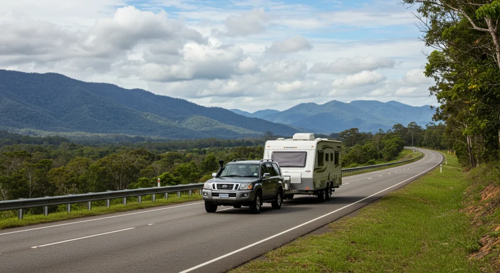 4WD towing a caravan on the Bruce Highway near Cairns with tropical landscape in the background.