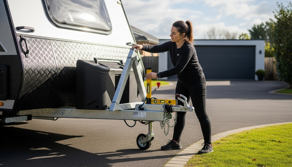 Checking caravan level with a spirit level placed on the A-frame.
