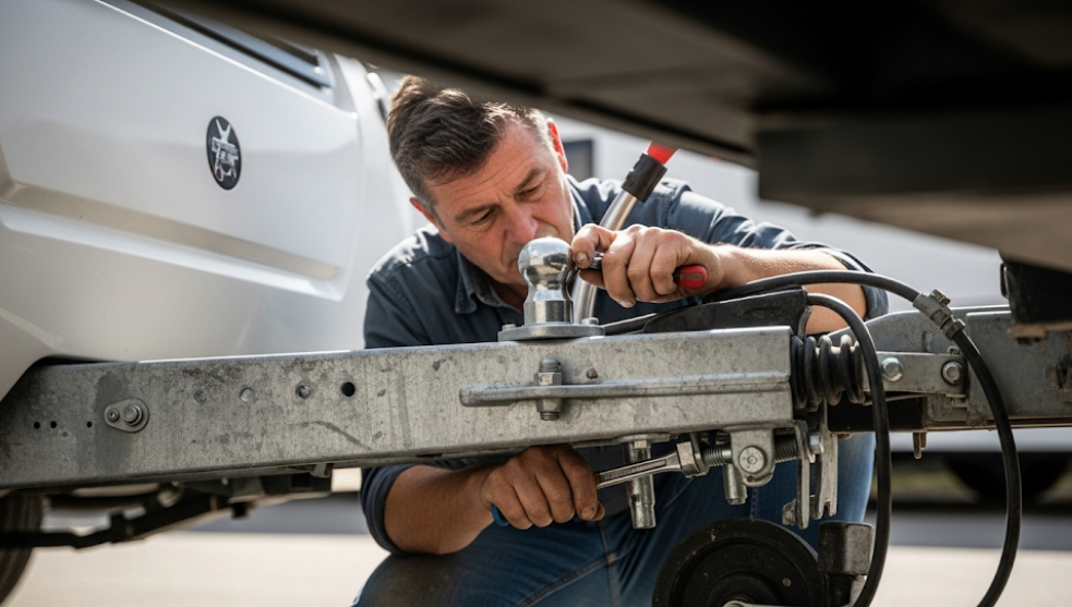 Adjusting an adjustable hitch to correct caravan towing height.