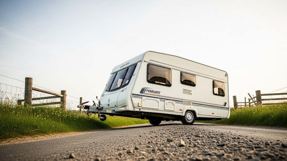 A caravan tilted nose-up while being towed, showing the effects of uneven towing.