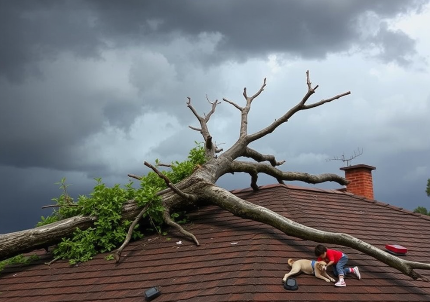 Storm-damaged tree branch threatening property and safety in Cairns.