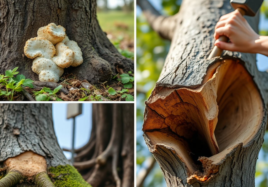 Visible fungal growth and cracked bark on a dead tree trunk in Cairns.
