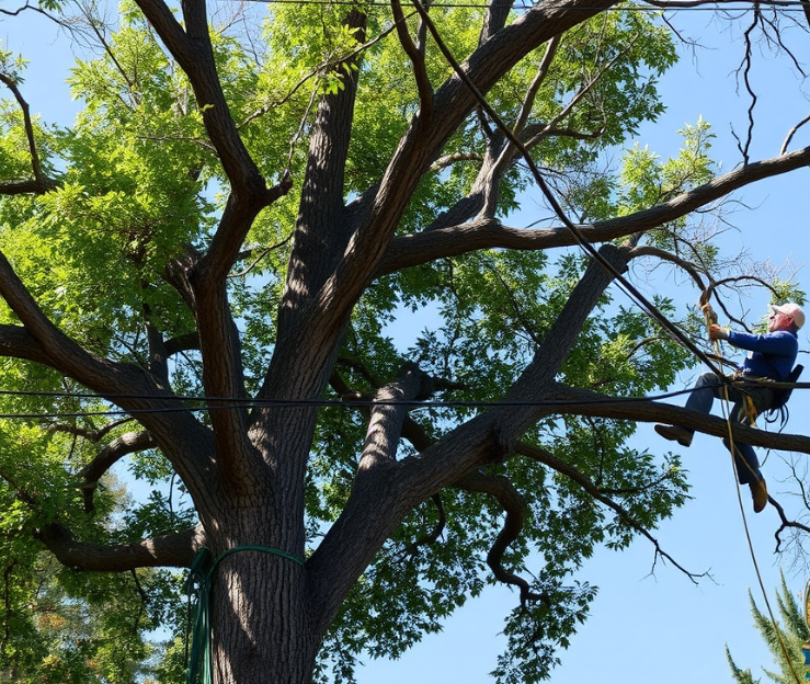 Professional performing preventive tree maintenance for storm readiness.
