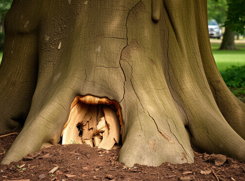 Tree with subtle fractures and disturbed roots indicating hidden damage.