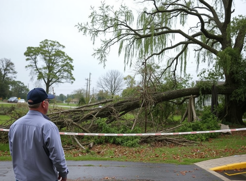 Homeowner inspecting cyclone-damaged trees from a safe distance.