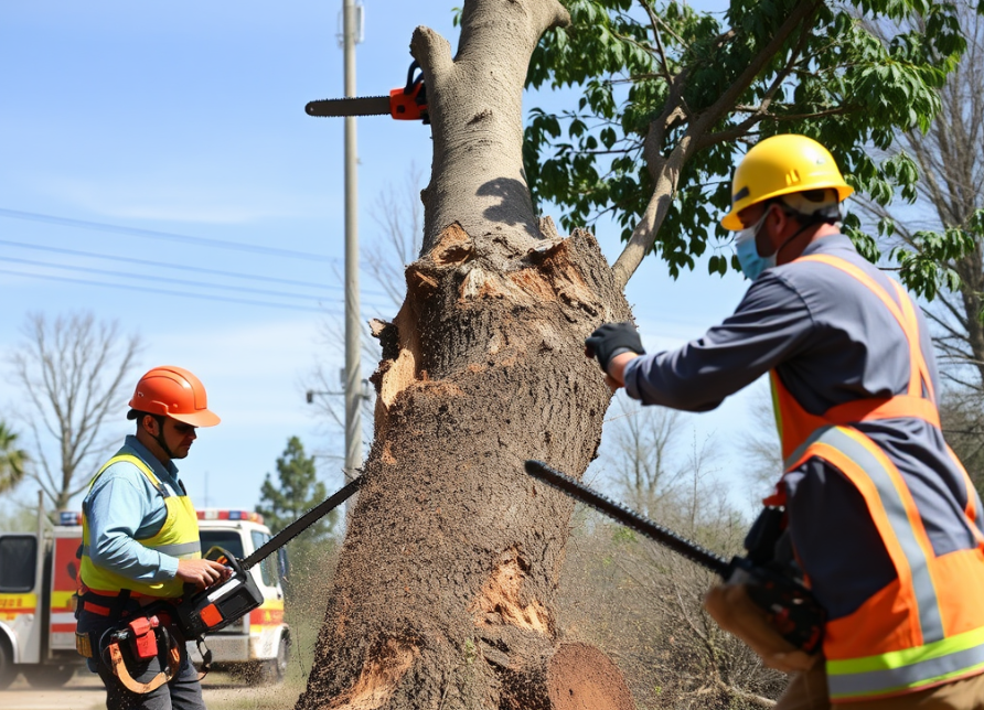 Tree service experts safely removing a broken tree after storm.