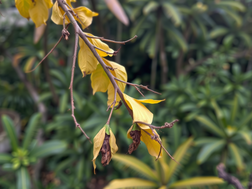 Yellowing and wilting leaves on a tree branch, a common sign of tree stress in Cairns.
