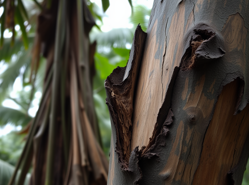 Tree showing early signs of stress including bark splitting and discolored leaves in Cairns’ climate.
