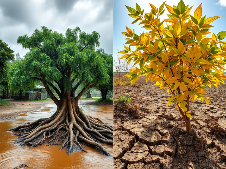 Visual contrast of wet and dry season impacts on tropical trees in Cairns.