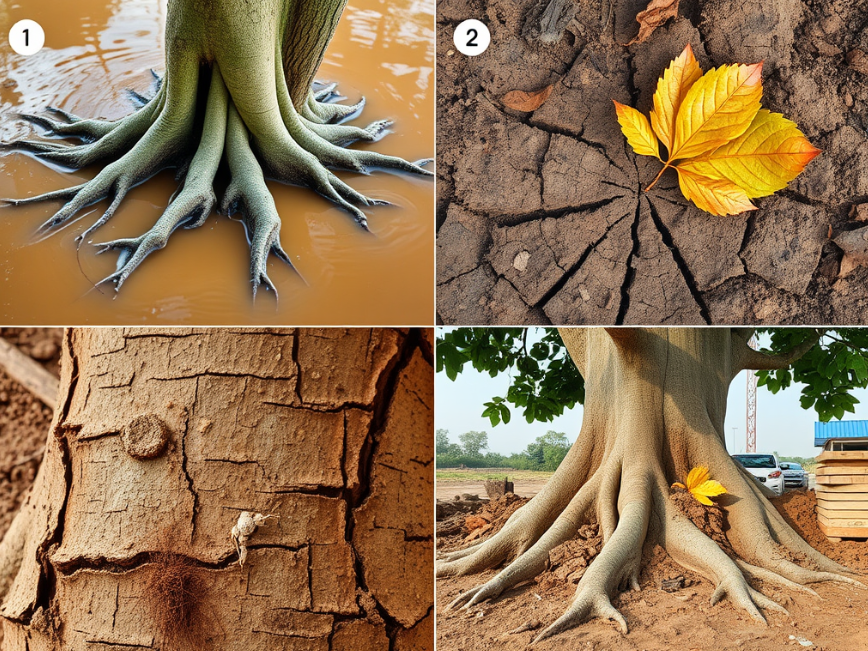 Environmental and urban stressors affecting tree health in Cairns, including drought, flooding, pests, and soil compaction.