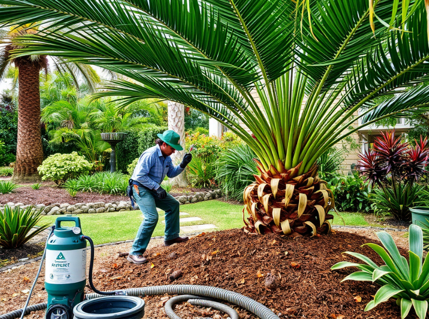 Professional caring for a tree in Cairns using mulch and smart watering techniques.