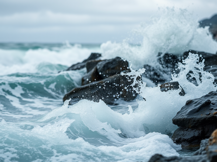 Ocean waves crashing and forming mist, representing salt spray near coastal areas.