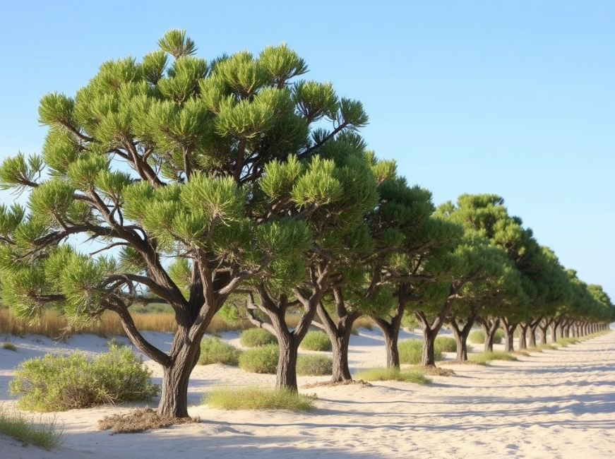 Thriving salt-tolerant trees like live oaks and red cedars in a coastal garden.