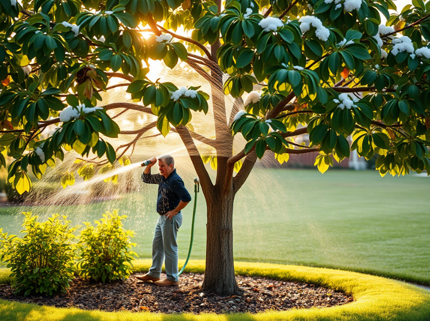Tree being rinsed with fresh water to remove salt, with mulch at its base for soil protection.