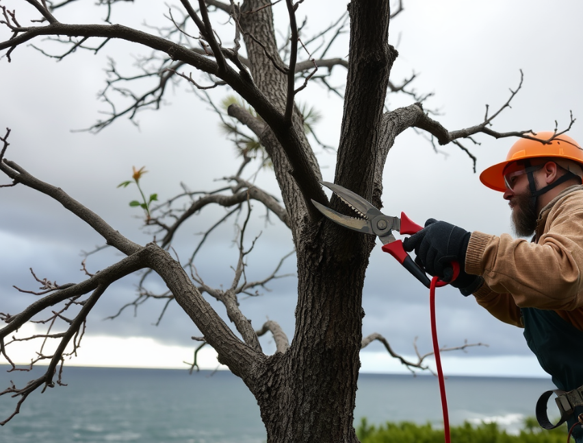Arborist pruning weak branches from a coastal tree before an incoming storm.