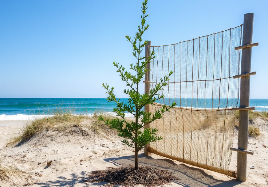Young coastal tree protected by a burlap wind barrier from salt spray and sea breeze.