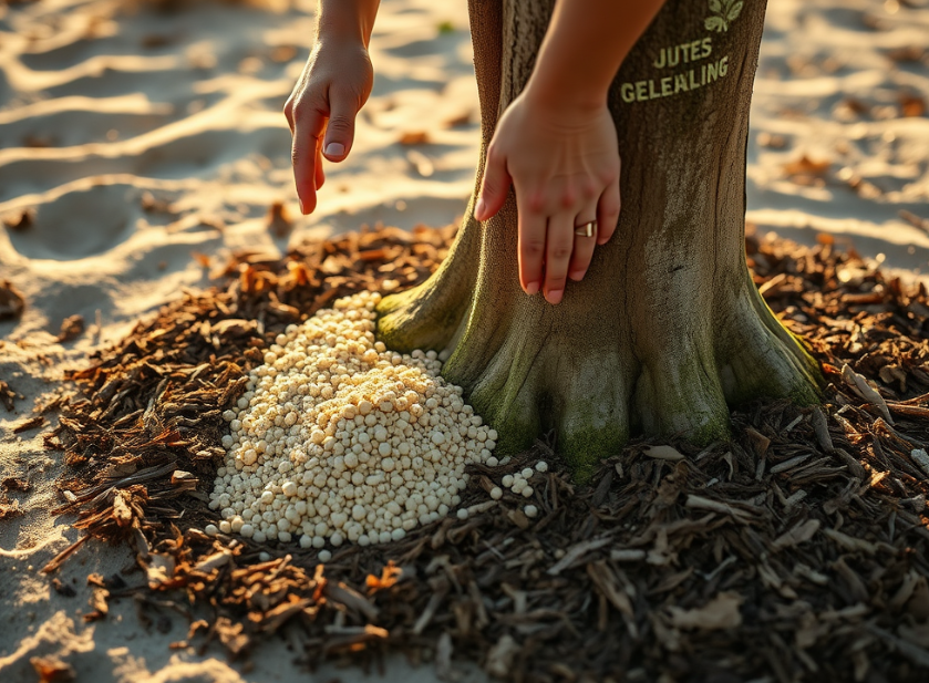 Applying slow-release fertilizer around a tree in a sandy coastal garden.